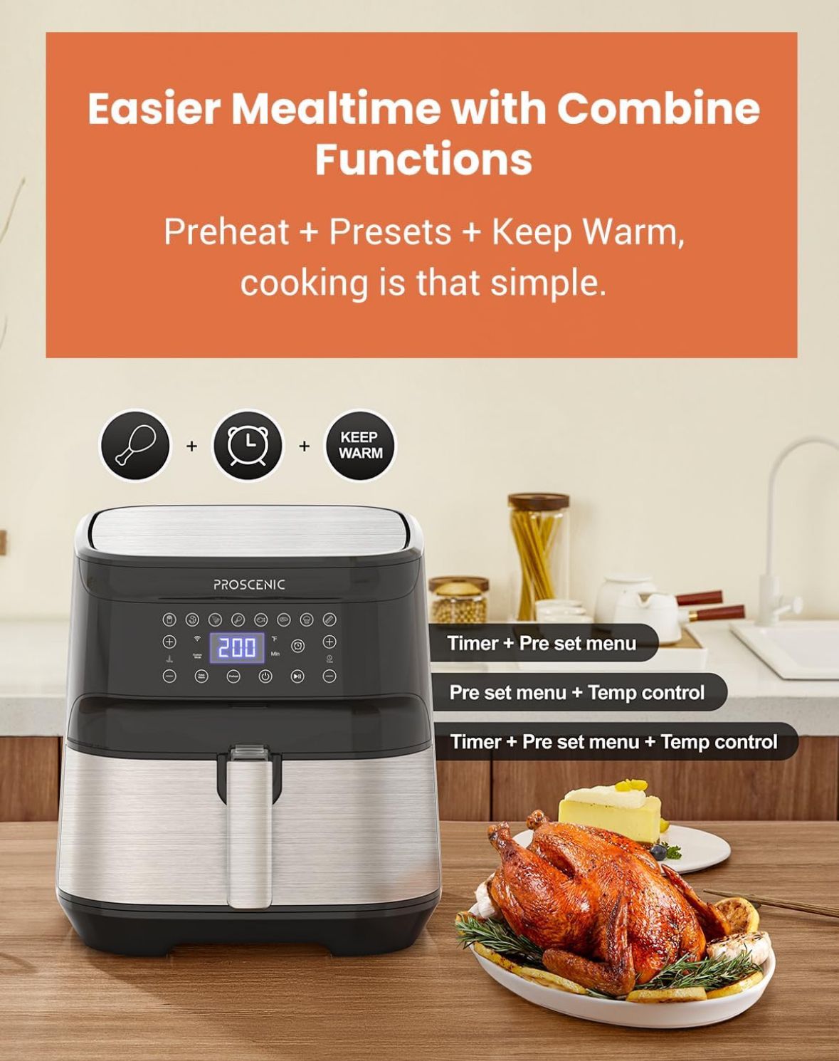 Proscenic T21 Air Fryer, 5.5L Air Fryers for Home Use, 8 Presets, LED Onetouch Screen, 100+ Recipes Online, Low Fat Cooking, Non-Stick Basket, 1700 W,Black,XX-Large