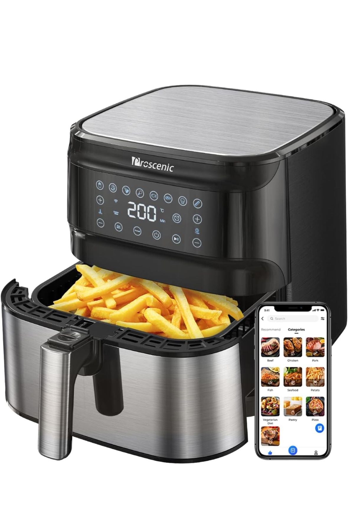 Proscenic T21 Air Fryer, 5.5L Air Fryers for Home Use, 8 Presets, LED Onetouch Screen, 100+ Recipes Online, Low Fat Cooking, Non-Stick Basket, 1700 W,Black,XX-Large