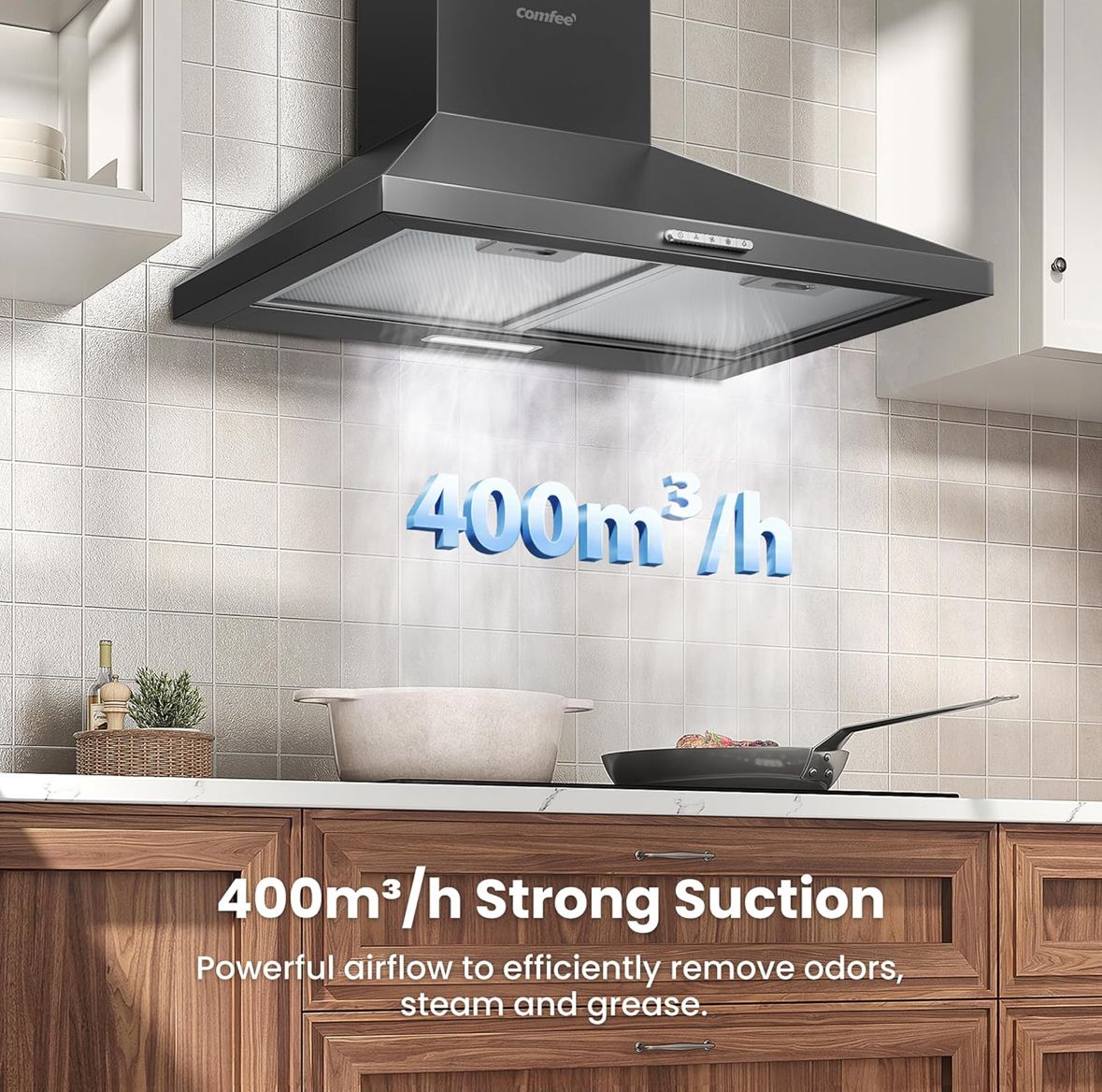 COMFEE' 60 cm Chimney Cooker Hood PYRA17B-60 with LED and Recirculating & Ducting System Wall Mounted Range Hood 600 mm Extractor Fan Kitchen - Black
