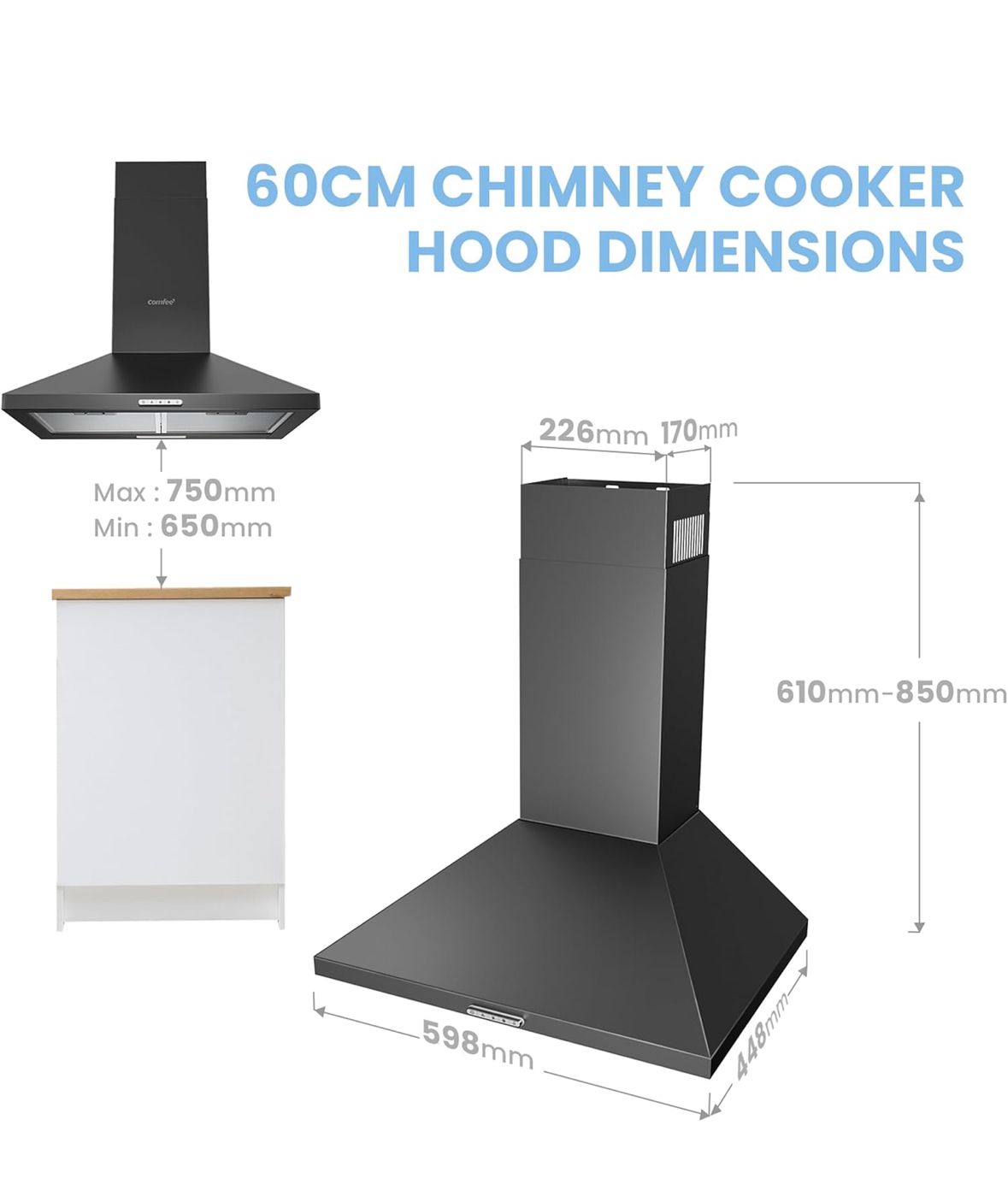 COMFEE' 60 cm Chimney Cooker Hood PYRA17B-60 with LED and Recirculating & Ducting System Wall Mounted Range Hood 600 mm Extractor Fan Kitchen - Black