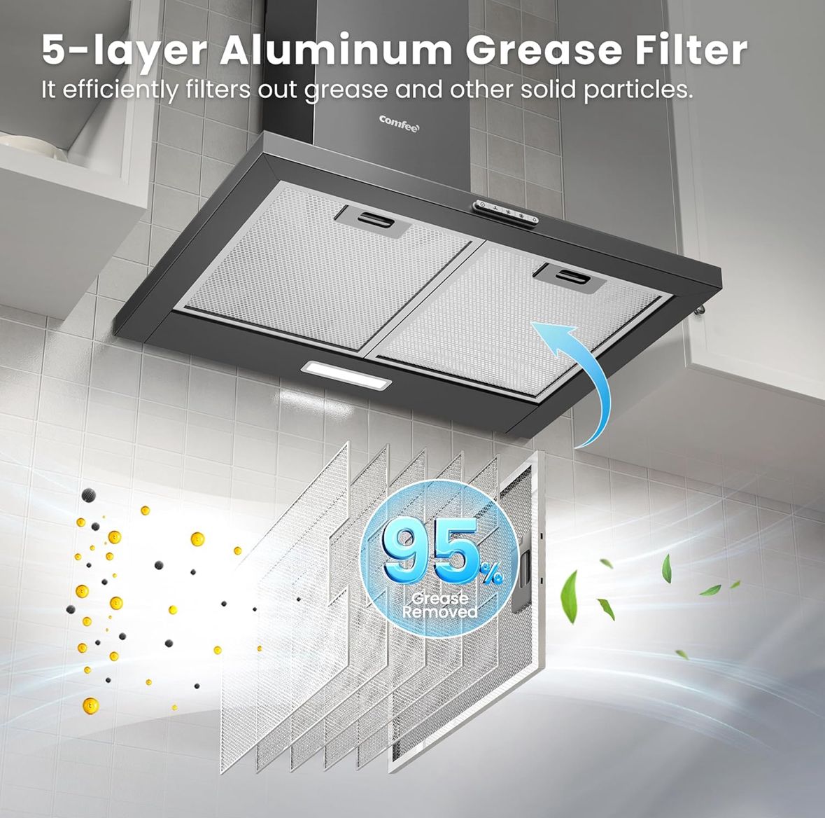 COMFEE' 60 cm Chimney Cooker Hood PYRA17B-60 with LED and Recirculating & Ducting System Wall Mounted Range Hood 600 mm Extractor Fan Kitchen - Black