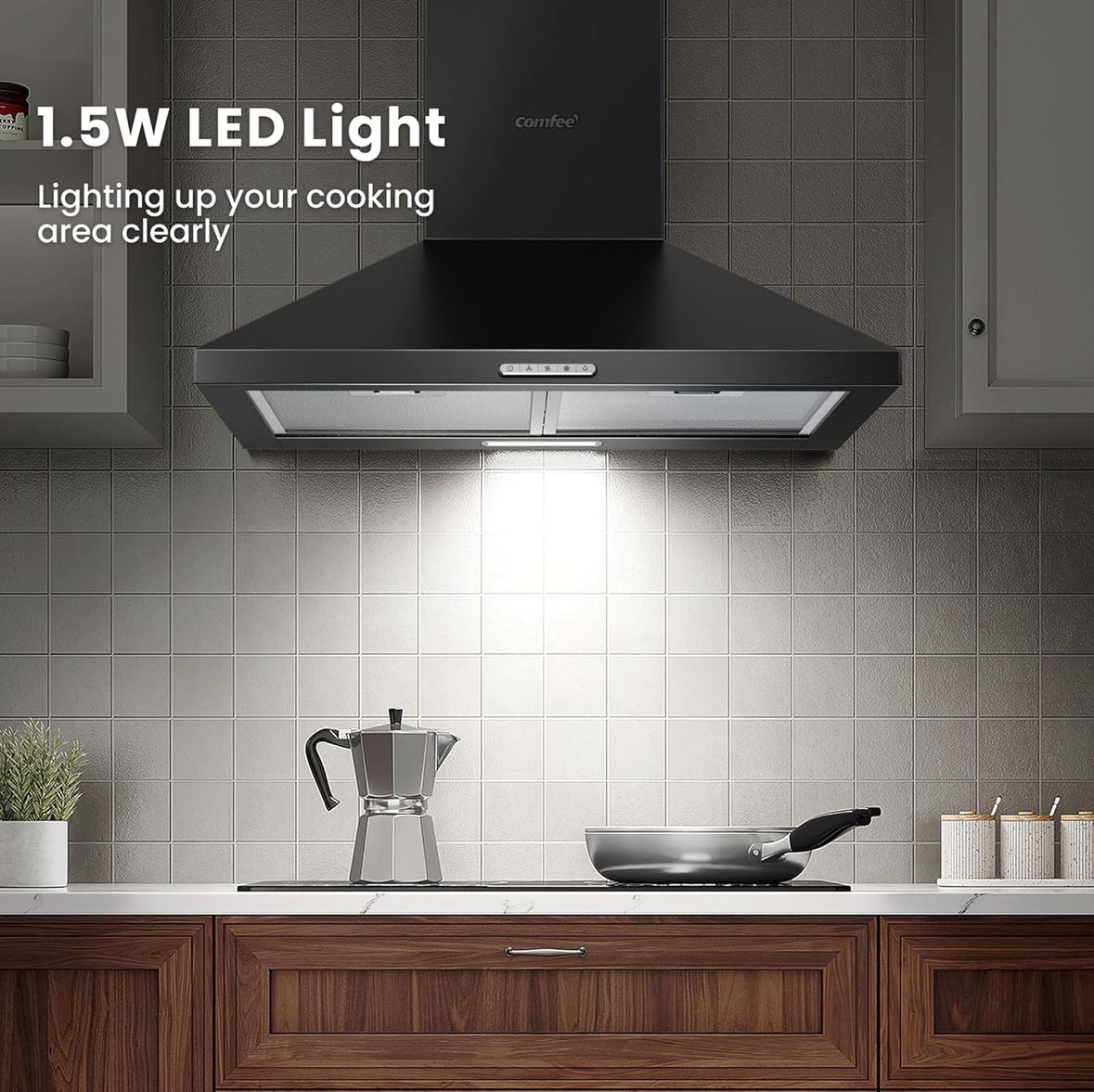 COMFEE' 60 cm Chimney Cooker Hood PYRA17B-60 with LED and Recirculating & Ducting System Wall Mounted Range Hood 600 mm Extractor Fan Kitchen - Black
