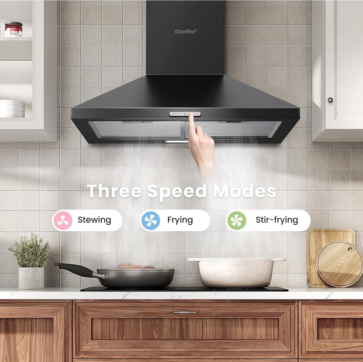 COMFEE' 60 cm Chimney Cooker Hood PYRA17B-60 with LED and Recirculating & Ducting System Wall Mounted Range Hood 600 mm Extractor Fan Kitchen - Black
