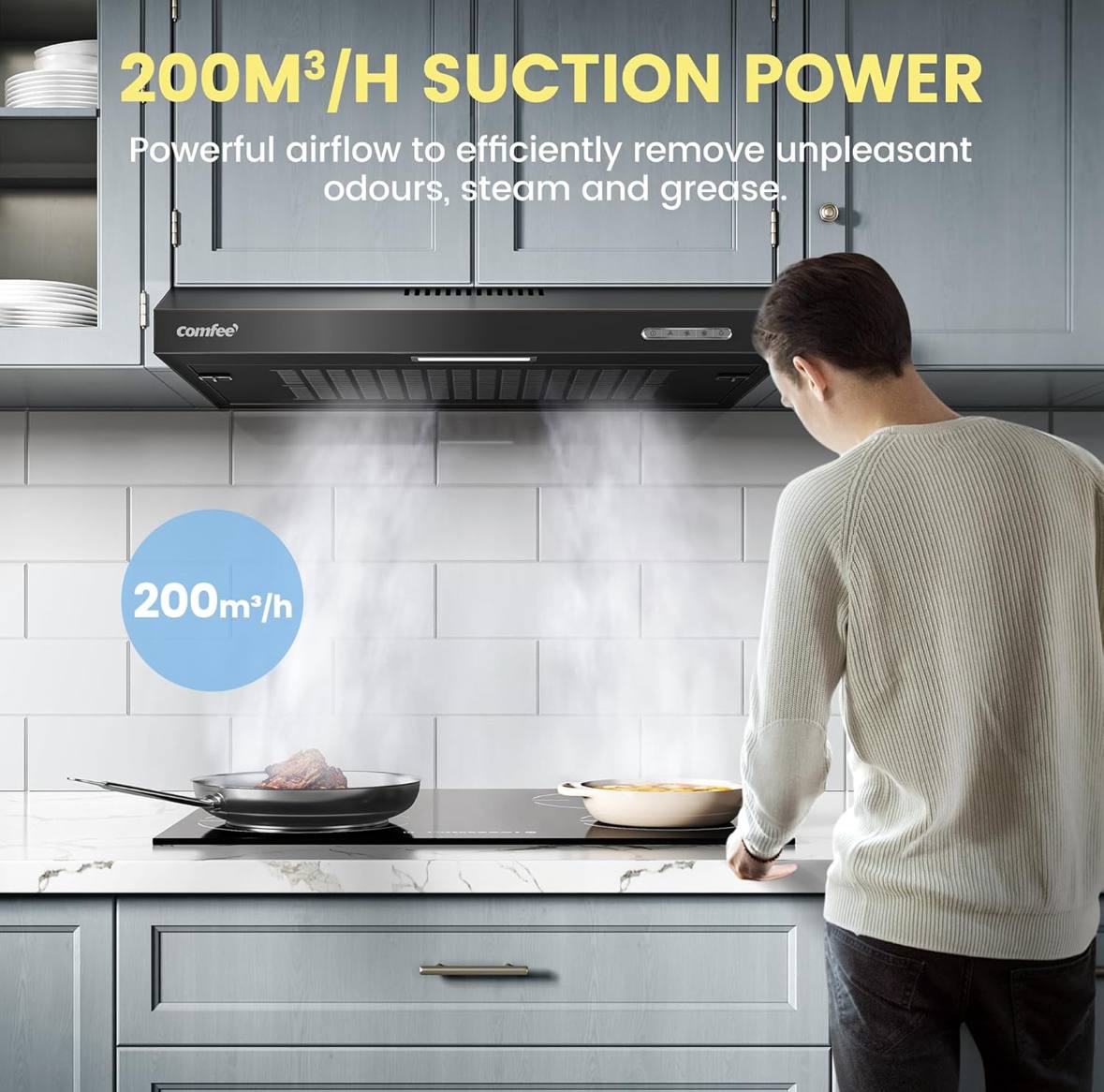 COMFEE' 60 cm Visor Cooker Hood SLIF17B-60 LED Extractor Hood Under Cabinet Hood Wall Mounted Extractor Fan 600 mm Top Vented Range Hood - Black KWH-SLIF17B-60