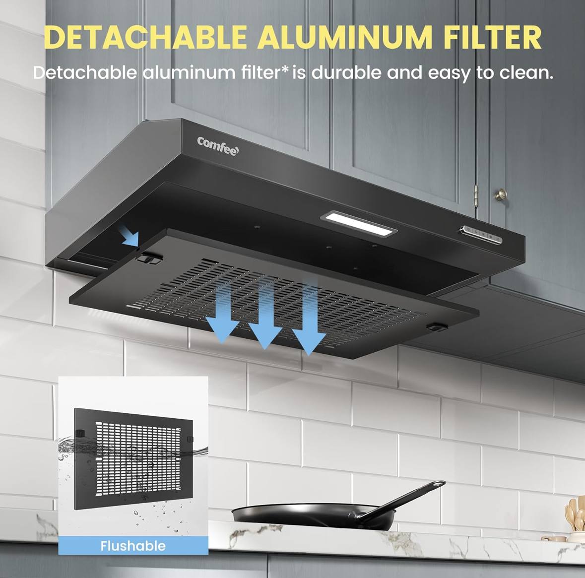 COMFEE' 60 cm Visor Cooker Hood SLIF17B-60 LED Extractor Hood Under Cabinet Hood Wall Mounted Extractor Fan 600 mm Top Vented Range Hood - Black KWH-SLIF17B-60