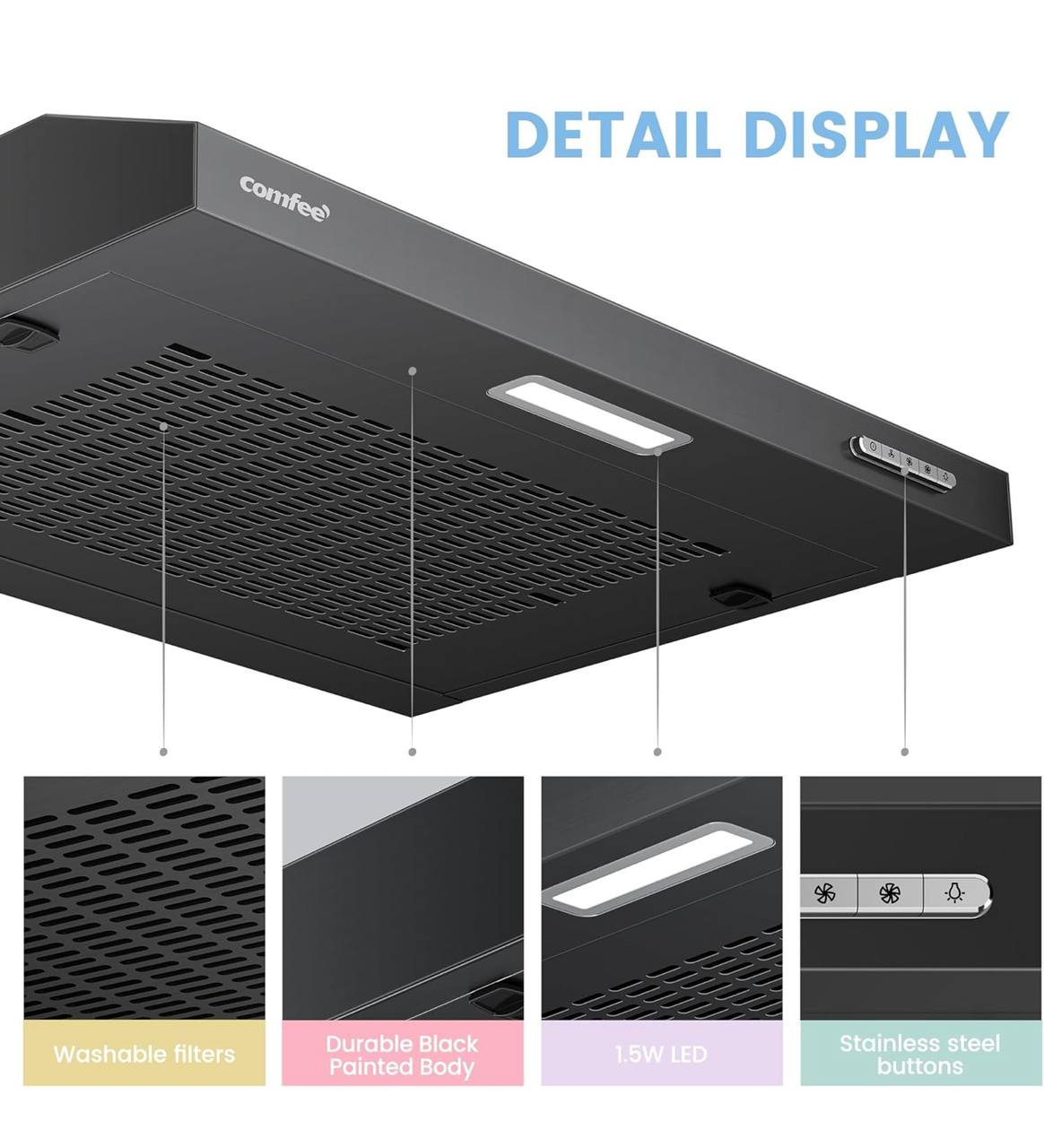COMFEE' 60 cm Visor Cooker Hood SLIF17B-60 LED Extractor Hood Under Cabinet Hood Wall Mounted Extractor Fan 600 mm Top Vented Range Hood - Black KWH-SLIF17B-60