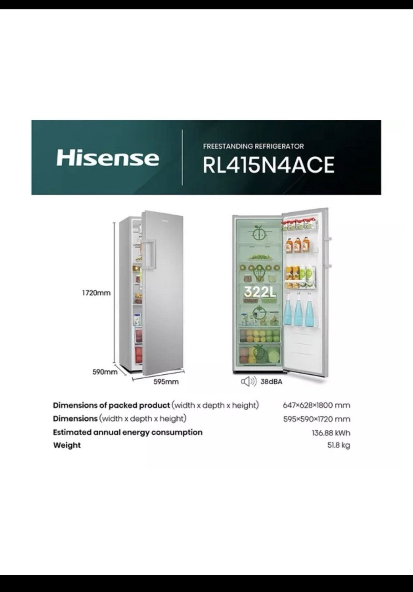 HISENSE RL415N4ACE Tall Fridge - Silver