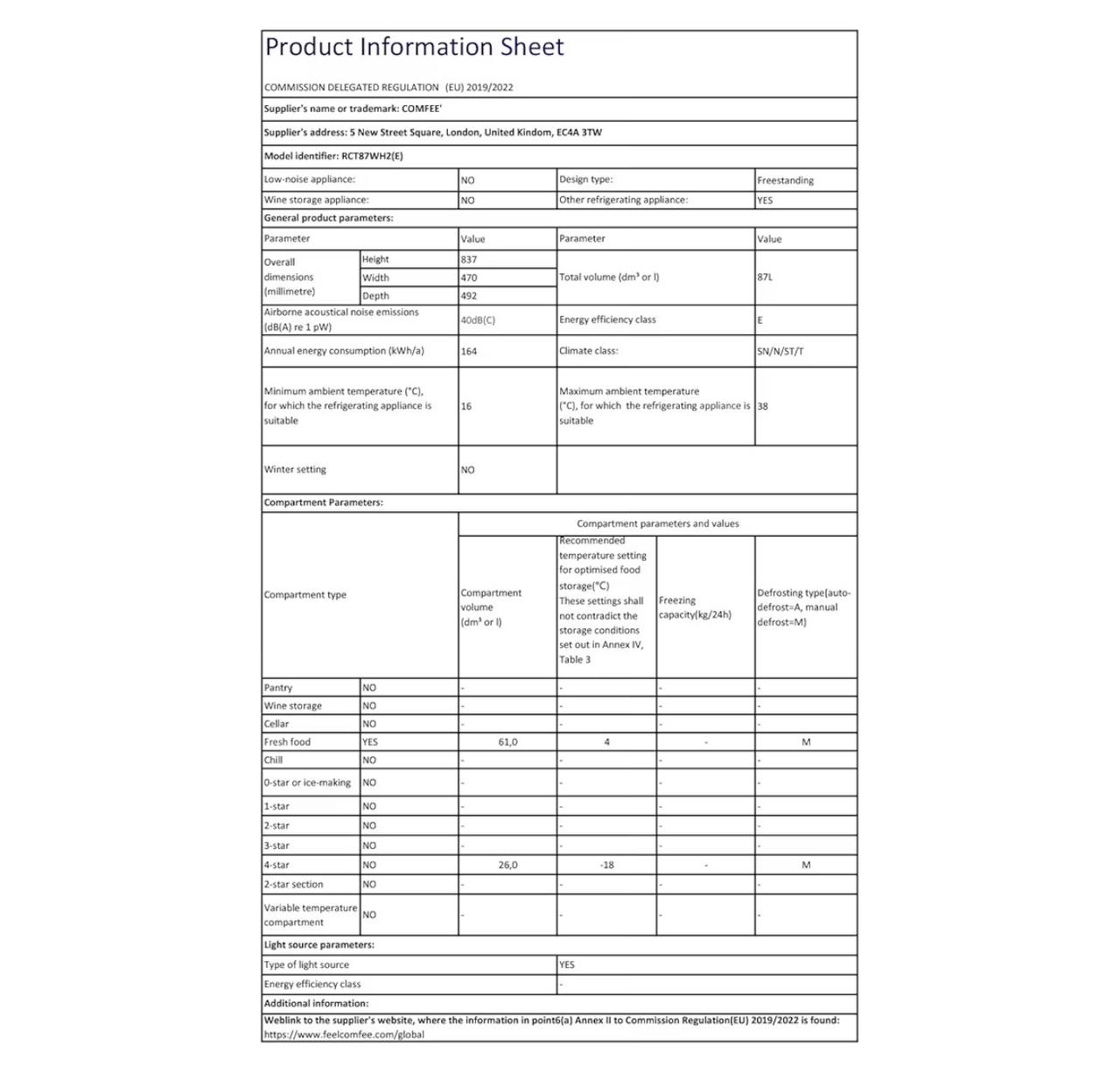 COMFEE' RCT87WH2(E) 87L Under Counter Fridge Freezer, Interior Light, Adjustable Shelves, Reversible Door, Low Noise, White