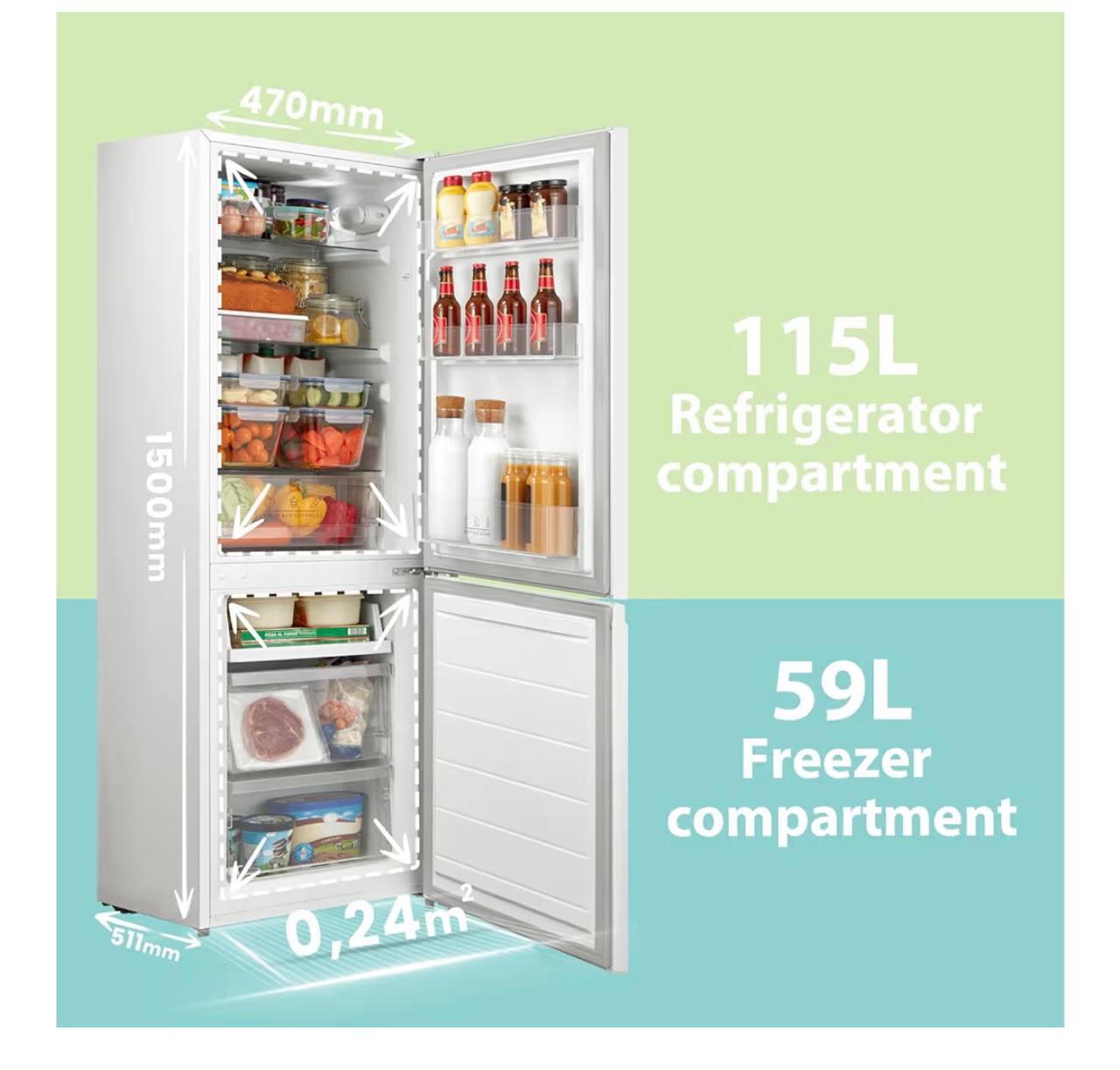 COMFEE' Freestanding Fridge Freezer 174 Litre RCB169WH2(E) Low Frost Fridge with Reversible Door Hinge - Energy Saving LED lights & Adjustable thermostat – Low Noise- White