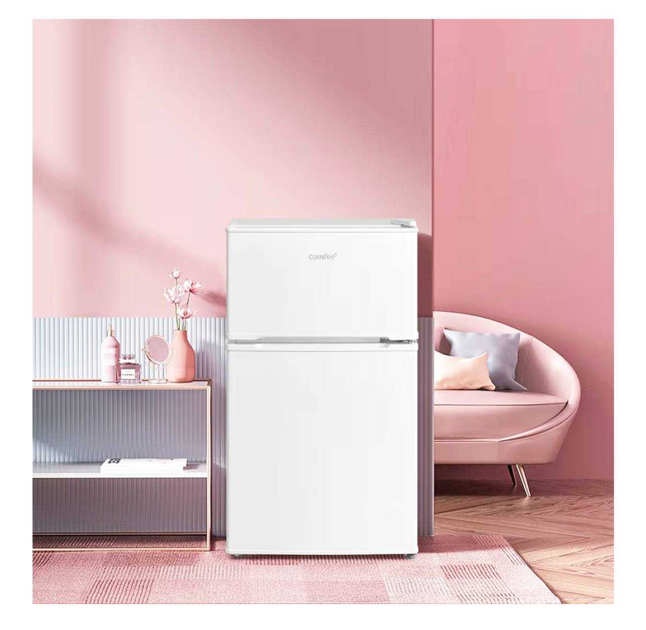 COMFEE' RCT87WH2(E) 87L Under Counter Fridge Freezer, Interior Light, Adjustable Shelves, Reversible Door, Low Noise, White