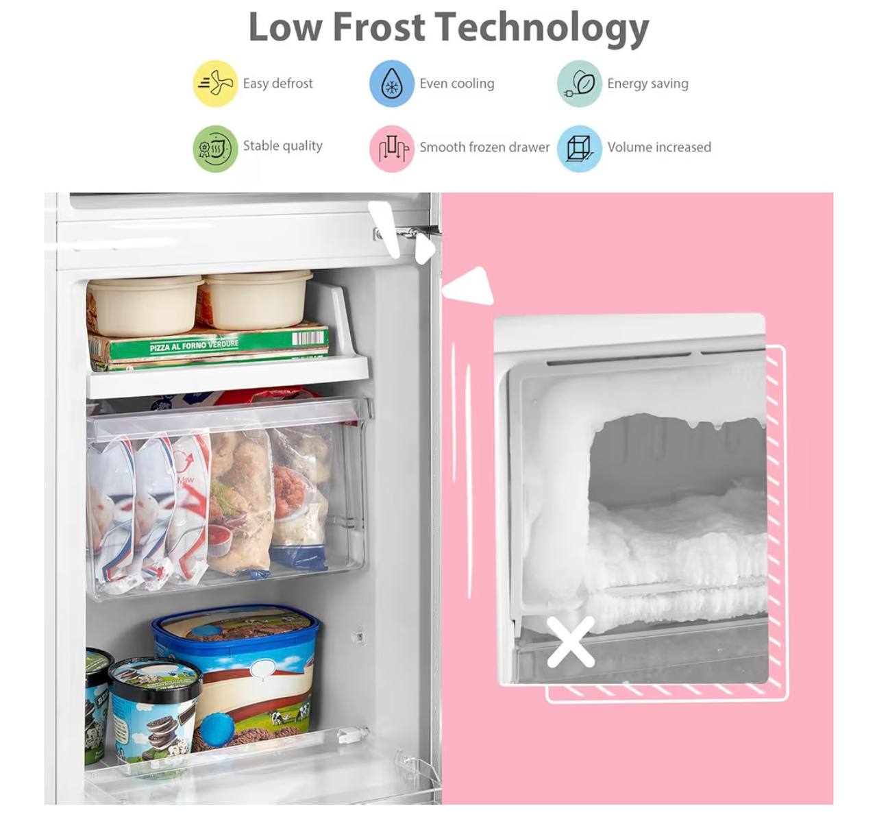 COMFEE' Freestanding Fridge Freezer 174 Litre RCB169WH2(E) Low Frost Fridge with Reversible Door Hinge - Energy Saving LED lights & Adjustable thermostat – Low Noise- White