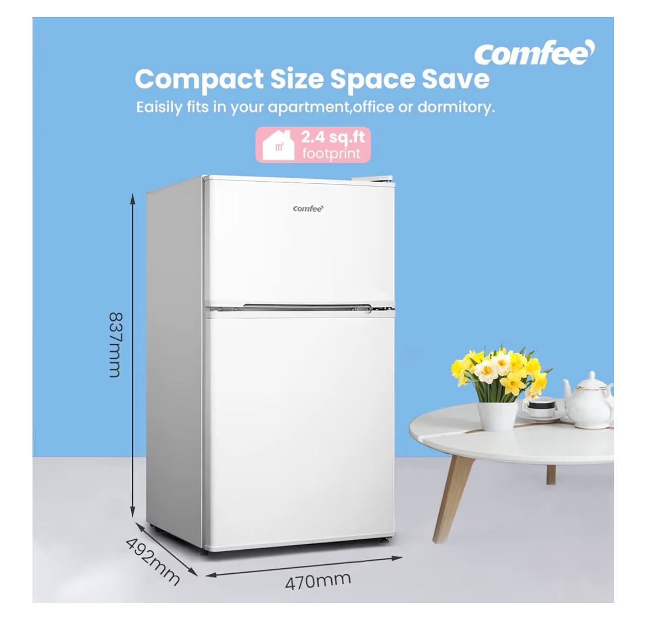 COMFEE' RCT87WH2(E) 87L Under Counter Fridge Freezer, Interior Light, Adjustable Shelves, Reversible Door, Low Noise, White