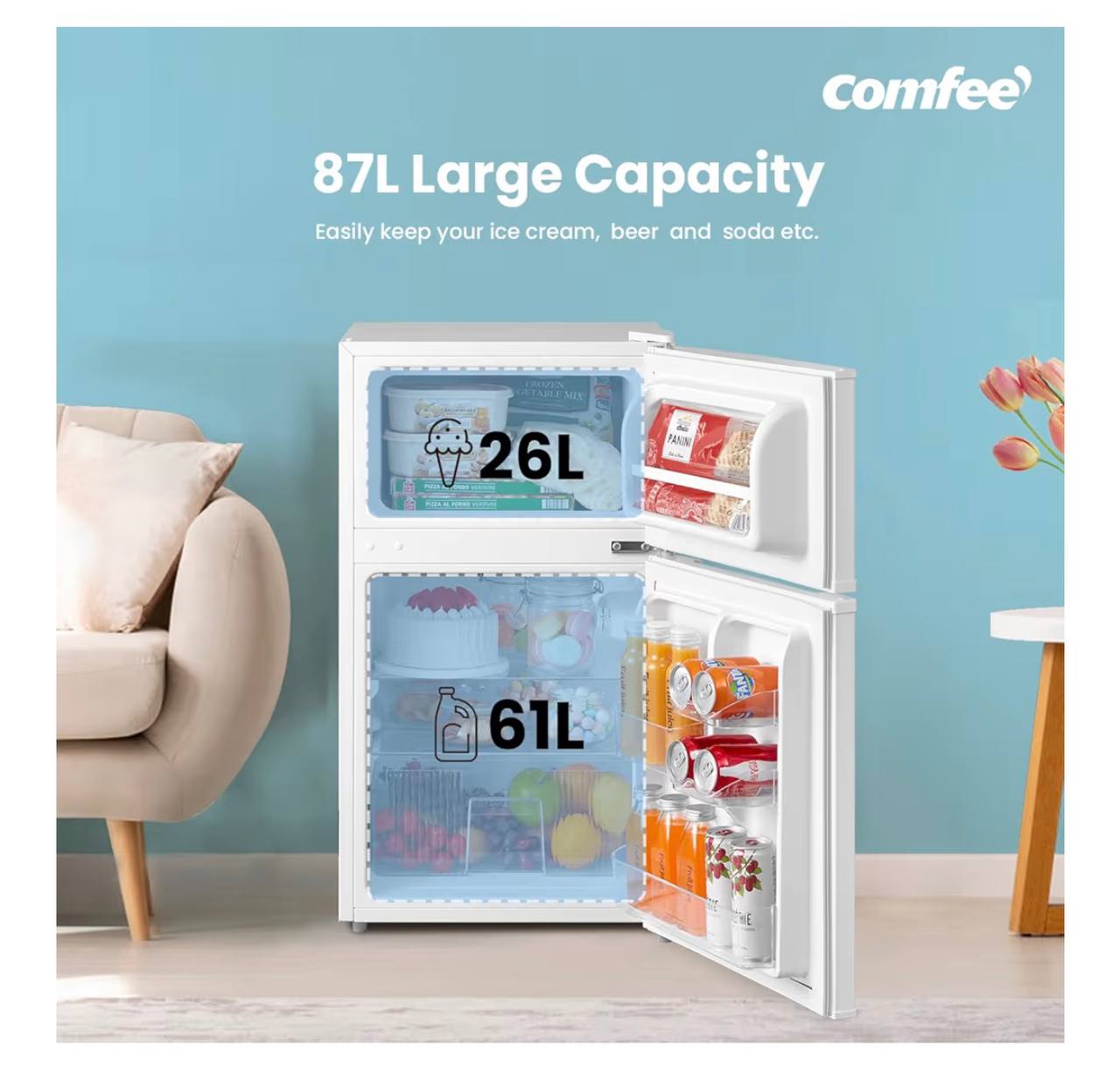 COMFEE' RCT87WH2(E) 87L Under Counter Fridge Freezer, Interior Light, Adjustable Shelves, Reversible Door, Low Noise, White