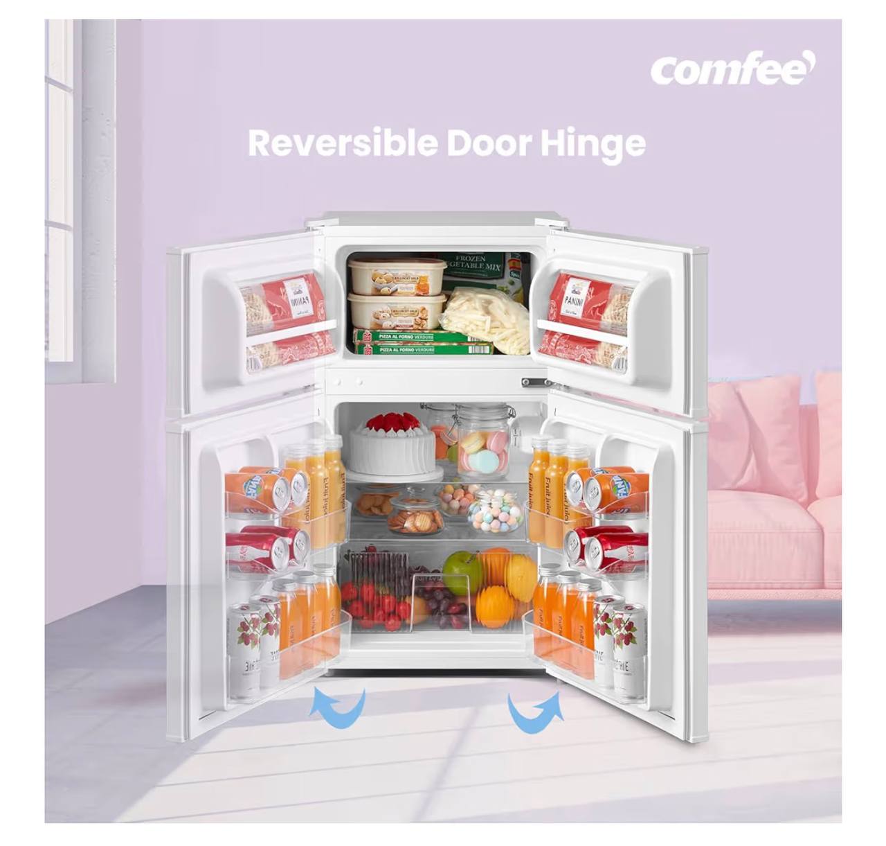 COMFEE' RCT87WH2(E) 87L Under Counter Fridge Freezer, Interior Light, Adjustable Shelves, Reversible Door, Low Noise, White