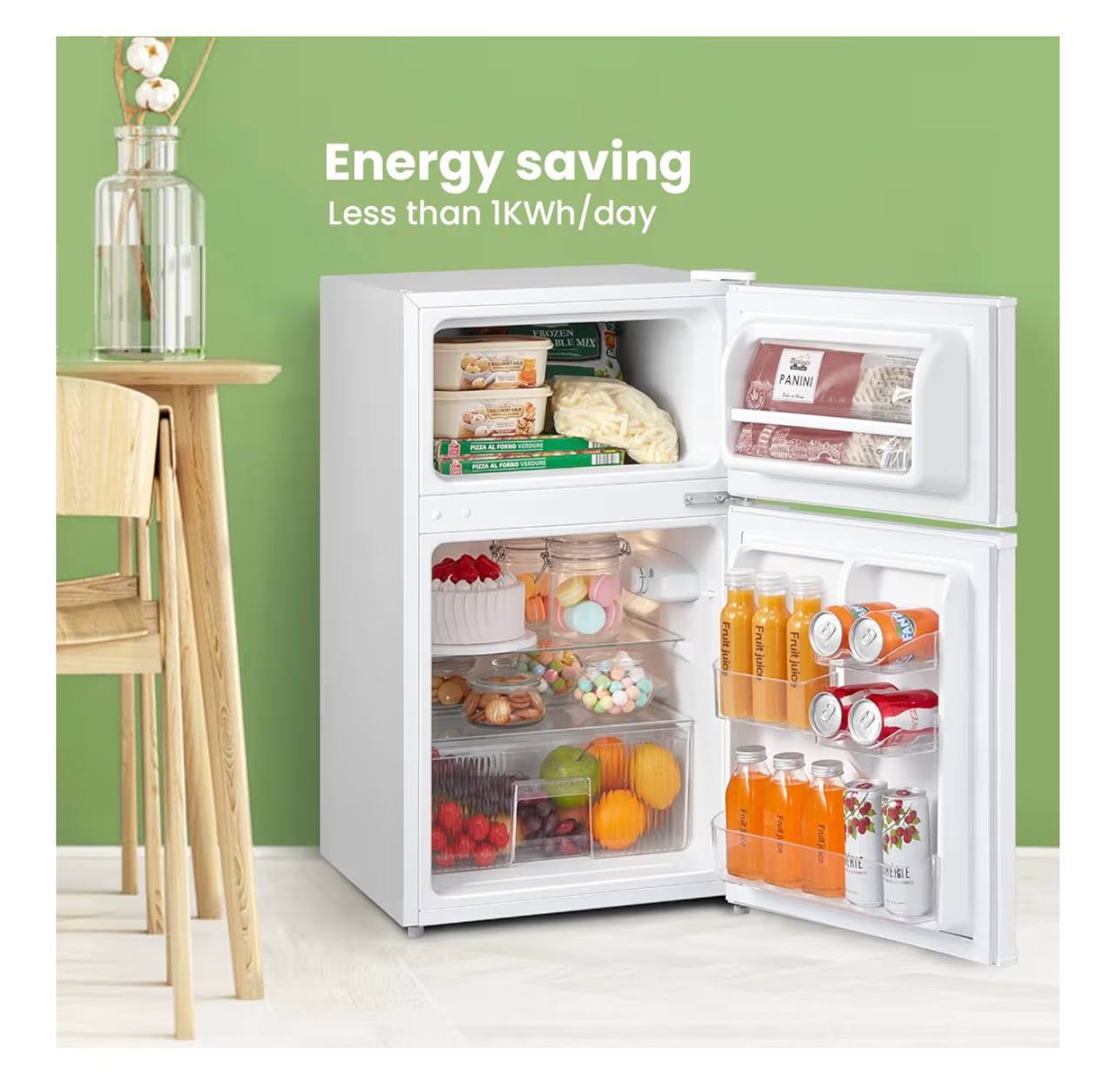 COMFEE' RCT87WH2(E) 87L Under Counter Fridge Freezer, Interior Light, Adjustable Shelves, Reversible Door, Low Noise, White