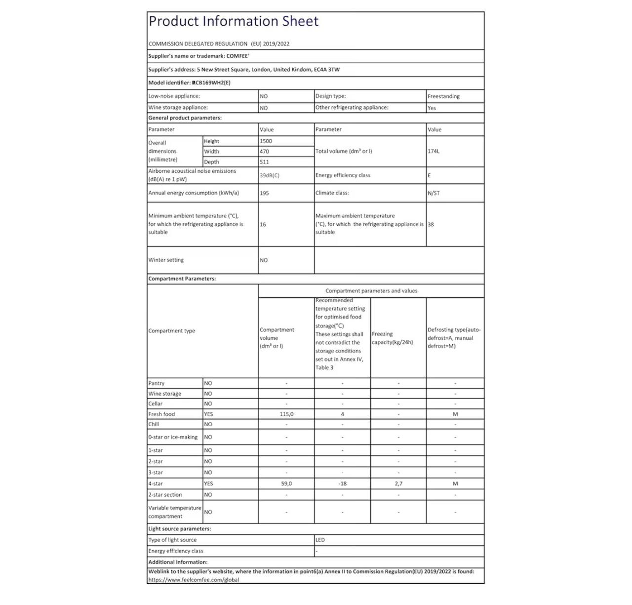 COMFEE' Freestanding Fridge Freezer 174 Litre RCB169WH2(E) Low Frost Fridge with Reversible Door Hinge - Energy Saving LED lights & Adjustable thermostat – Low Noise- White